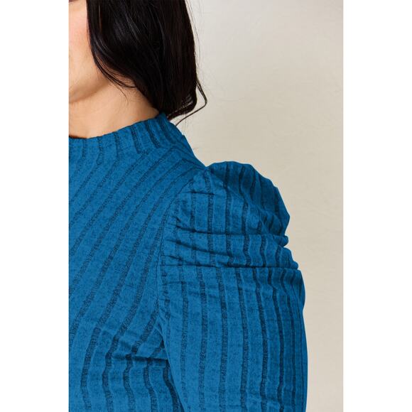 BASIC BAE Blue Ribbed Mock Turtleneck Puff Sleeve Stretchy Top NEW Misses - Picture 7 of 9